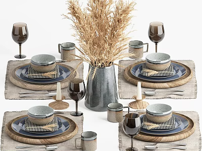 Rustic Natural Tableware Set Featuring Dinner Plates Mugs Wine Glasses And Woven Placemats 3d model