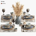 Rustic Natural Tableware Set Featuring Dinner Plates Mugs Wine Glasses And Woven Placemats