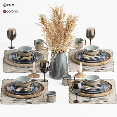 Rustic Natural Tableware Set Featuring Dinner Plates Mugs Wine Glasses And Woven Placemats 3d model