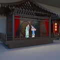 Ancient Architectural Stages With Traditional Roof Red Curtains Lanterns And Figures