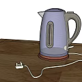 Silver Electric Kettle on Wooden Tabletop with Power Cord and Plug