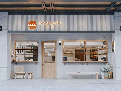 Modern Merchant Storefront Design with Wooden Logo Sign Glass Display Windows Bench and Potted Plant 3d model