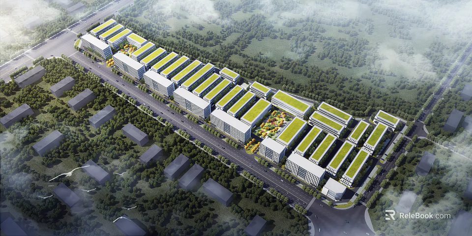 Modern Industrial Park Complex Featuring Green Roofs Surrounding Trees And Roads 3d model