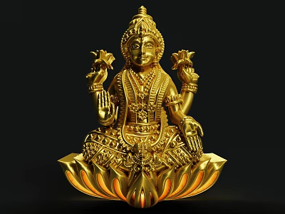Exquisite Gold Carved Goddess Sculpture With Lotus Base And Intricate Details 3d model