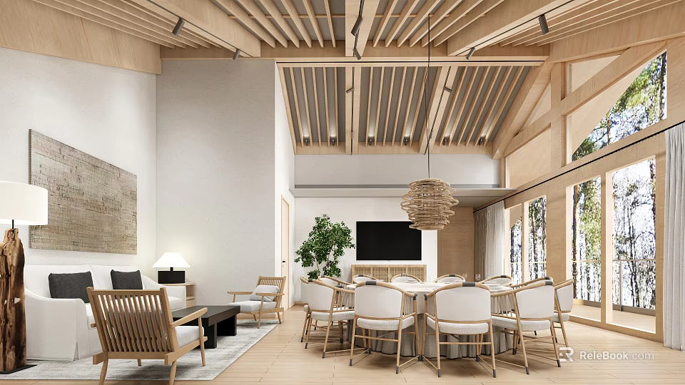 Modern Private Dining Room With Wooden Ceiling Hanging Lamp TV Green Plant And Dining Chairs 3d model 