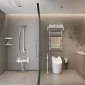 Modern Bathroom Interior Design With Shower Smart Toilet Towel Rack Wooden Vanity And Green Plant