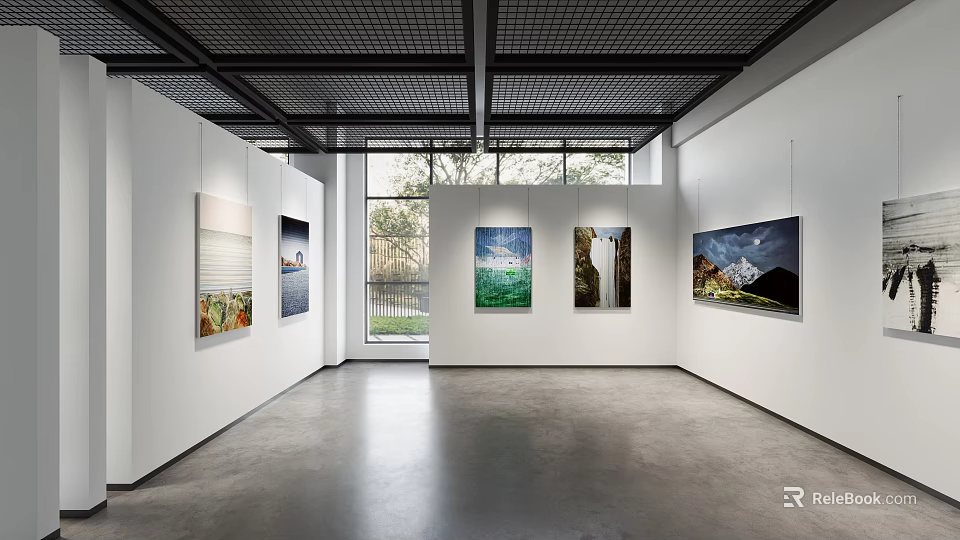 Modern Fine Arts Exhibition Hall With White Walls Large Windows And Hanging Paintings 3d model 