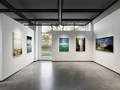 Modern Fine Arts Exhibition Hall With White Walls Large Windows And Hanging Paintings 3d model