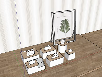Display Setup With White Cube Stands Folded Items Leaf Artwork Striped Wall And Wooden Floor 3d model