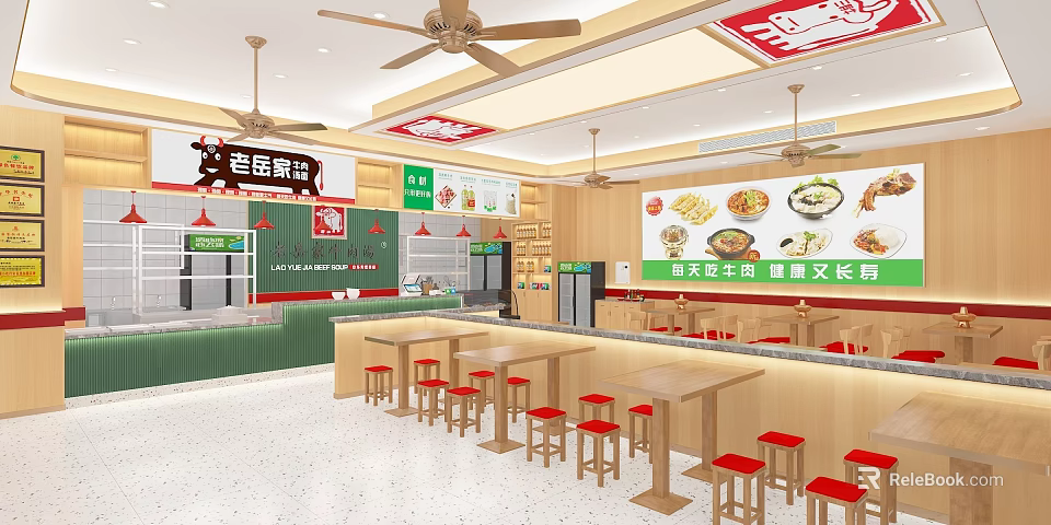 Chongqing Noodles Restaurant Green Wooden Interior With Order Counter Red Stools Menu Posters Ceiling Fans 3d model 