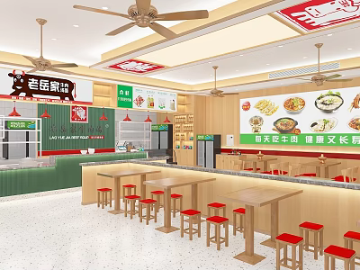 Chongqing Noodles Restaurant Green Wooden Interior With Order Counter Red Stools Menu Posters Ceiling Fans 3d model