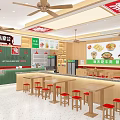 Chongqing Noodles Restaurant Green Wooden Interior With Order Counter Red Stools Menu Posters Ceiling Fans