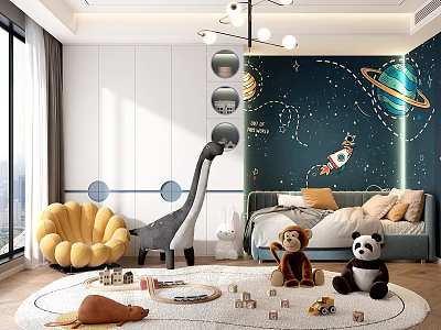 Kids Room With Space Mural Plush Toys And Play Area 3d model