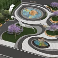 Modern Urban Park Recreational Landscape With Circular Pool Purple Flowering Trees Green Lawn And Walkways