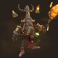 Mechanical Horned Character And Steampunk Creature With Glowing Eyes Holding Torch And Lanterns