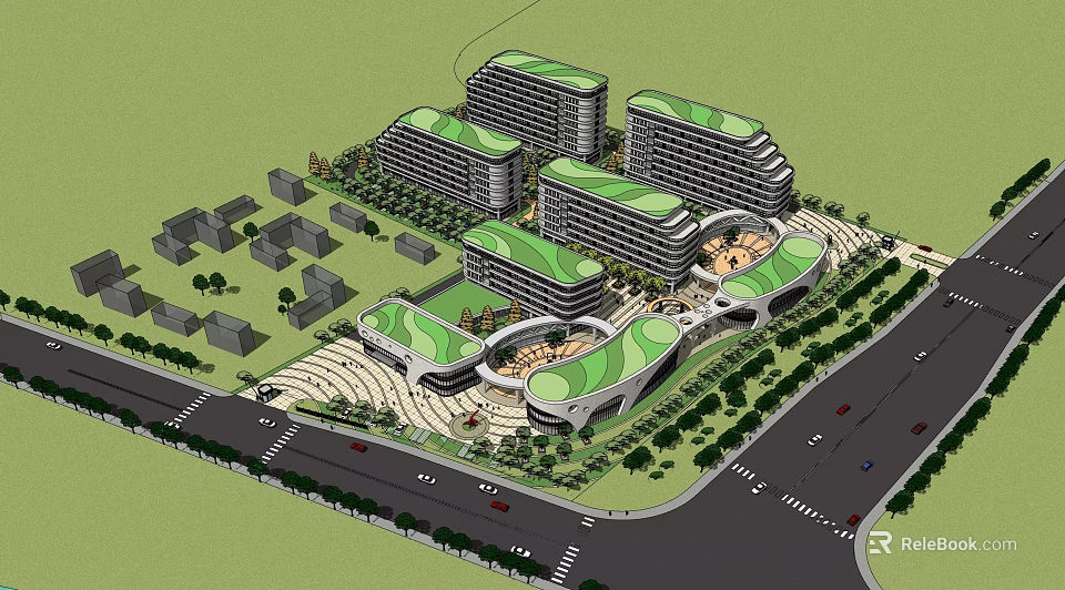 Modern Architectural Complex With Green Roofs Surrounding Roads Green Spaces And Small Buildings 3d model 