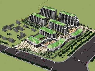 Modern Architectural Complex With Green Roofs Surrounding Roads Green Spaces And Small Buildings 3d model
