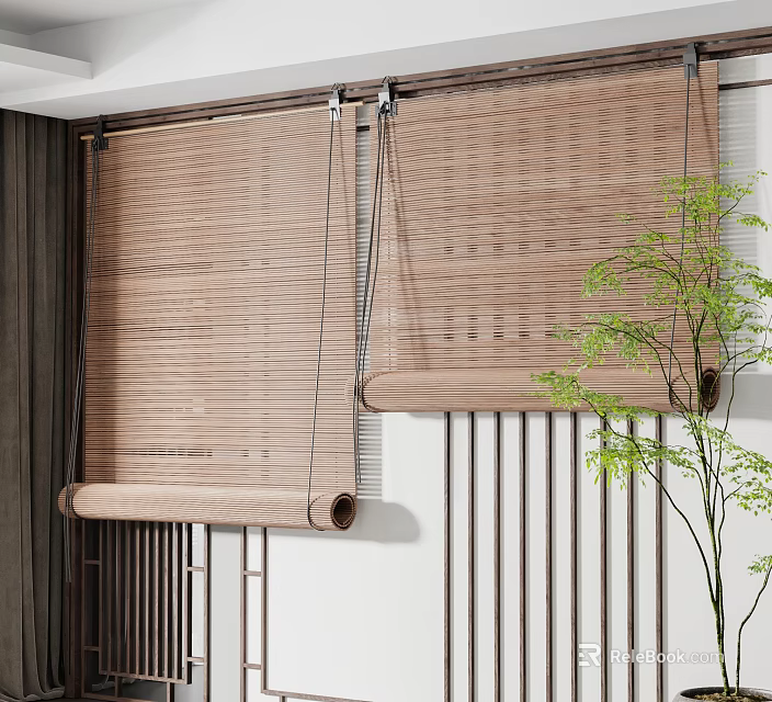 Bamboo Roller Blinds In Modern Indoor Space With Wooden Wall And Green Plant 3d model 