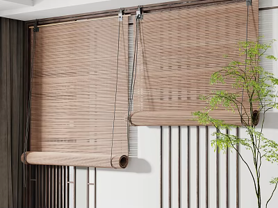 Bamboo Roller Blinds In Modern Indoor Space With Wooden Wall And Green Plant 3d model