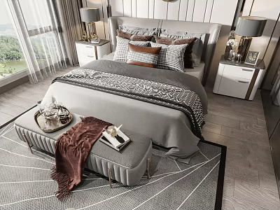 Modern Double Bed with Patterned Pillows Nightstands Lamps Bench and Scenic Window in Cozy Bedroom 3d model
