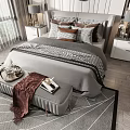 Modern Double Bed with Patterned Pillows Nightstands Lamps Bench and Scenic Window in Cozy Bedroom