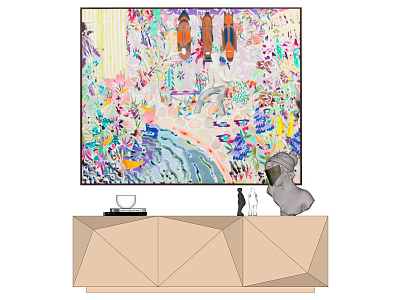 Colorful Abstract Painting Above Geometric Sideboard With Decorative Sculptures And Small Ornaments 3d model