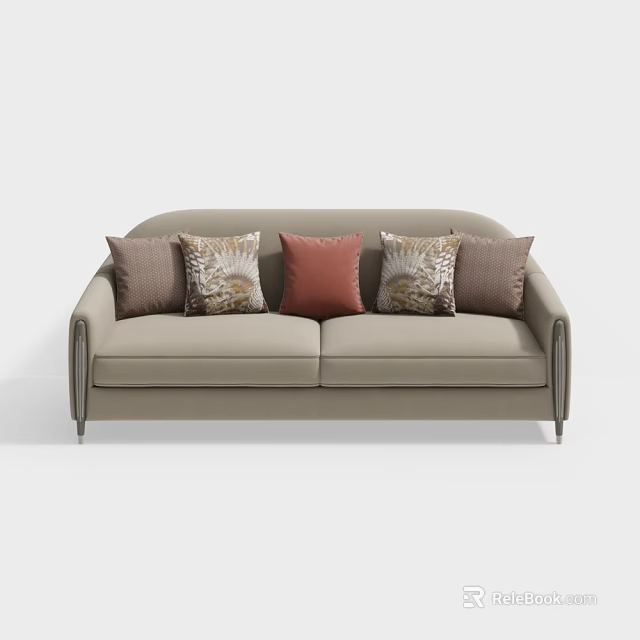 Modern Light Gray Fabric Two Seater Sofa With Brown Red Patterned Decorative Pillows 3d model