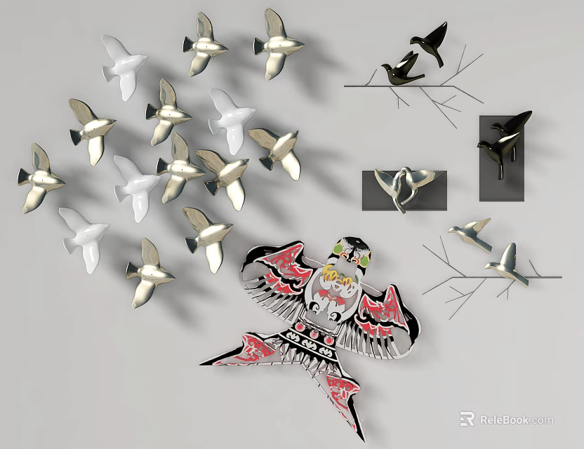 Modern Bird Wall Decor With Metal Birds Kite Art And Branch Designs 3d model 