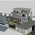 Modern Luxury Detached Villa Exterior With Garden Terrace Greenery And White Car