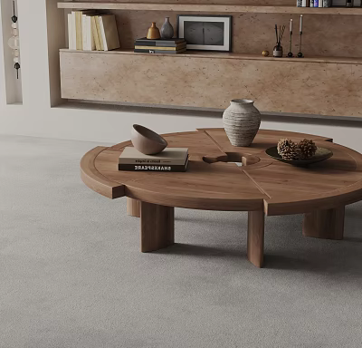 Wooden Round Coffee Table With Vase Books And Pine Cones In Modern Living Room Interior 3d model