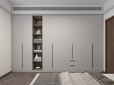 Modern Sleek Bedroom Built in Light Grey Wardrobe With Open Shelf Drawers And Doors 3d model