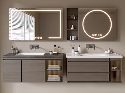 Modern Bathroom Vanity With Double Sink LED Mirrors Drawers And Open Shelves 3d model