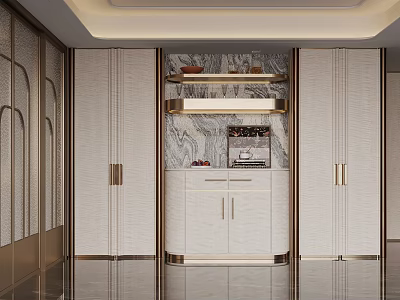 Elegant Modern Wine Cabinet Design With Marble Backsplash And Metal Accents 3d model