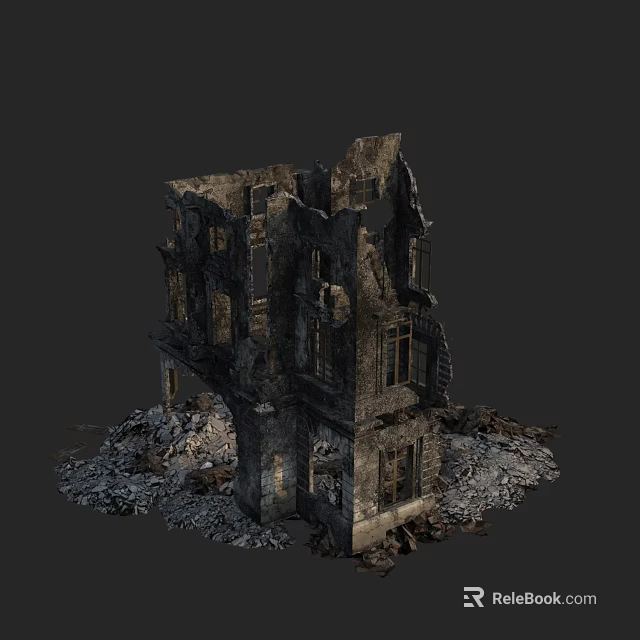 Ruined Detached Villa With Broken Walls Windows and Debris Around 3d model 