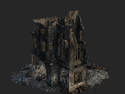 Ruined Detached Villa With Broken Walls Windows and Debris Around 3d model
