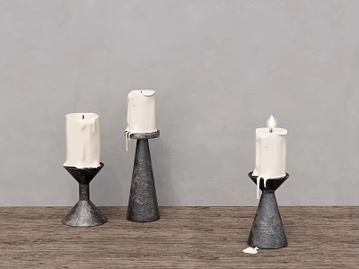 Metal Candle Holders With White Candles And Melted Wax On Wooden Table Against Gray Wall 3d model
