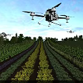 Scenic Farmland With Neat Crop Rows Various Colored Crops And Drones Spraying Under Blue Sky