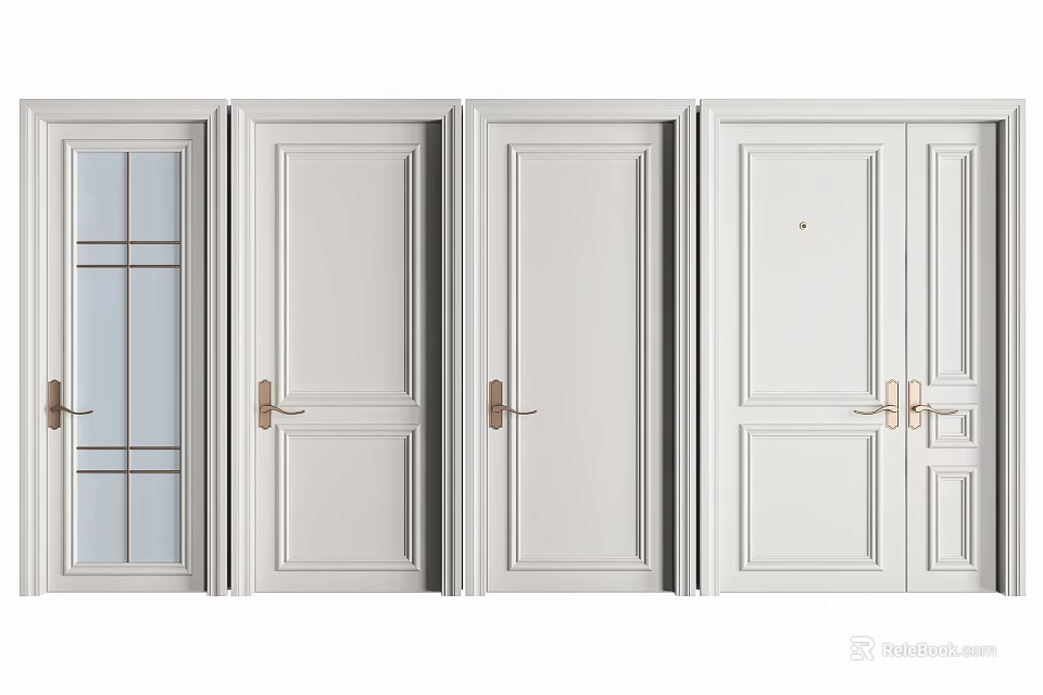 White Modern Interior Hinged Doors With Glass Solid Panels And Brass Handles 3d model 