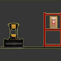 Yellow And Black Robotic Arm Moving Box By Red Storage Shelf In Industrial Scene