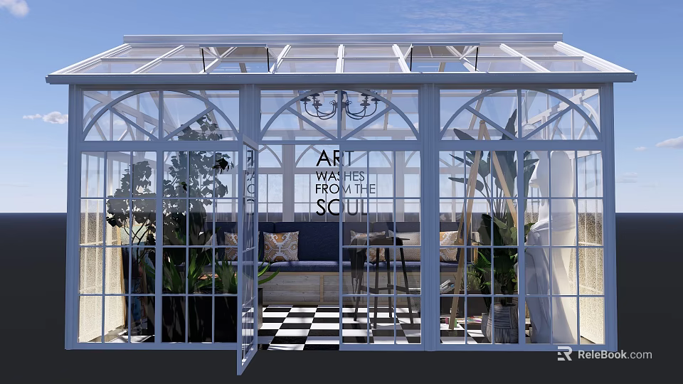 Glass Greenhouse Interior With Plants Sofa Chandelier And Checkered Floor Art Theme 3d model 