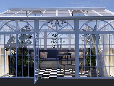 Glass Greenhouse Interior With Plants Sofa Chandelier And Checkered Floor Art Theme 3d model