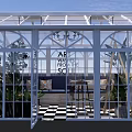 Glass Greenhouse Interior With Plants Sofa Chandelier And Checkered Floor Art Theme