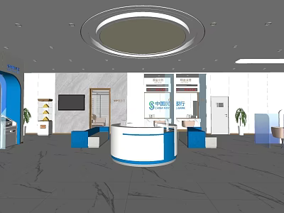Modern Service Hall Interior With Reception Desk Blue Seating And Marble Floor 3d model