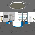 Modern Service Hall Interior With Reception Desk Blue Seating And Marble Floor