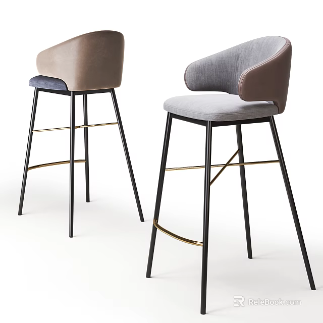 Modern Upholstered Bar Stools In Beige And Gray With Black Metal Legs And Gold Accents 3d model 