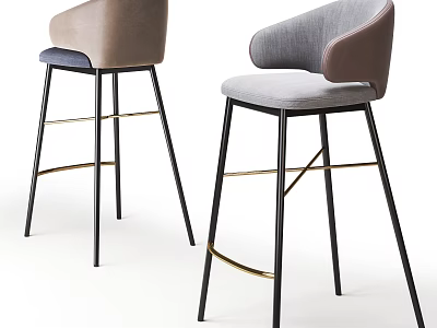 Modern Upholstered Bar Stools In Beige And Gray With Black Metal Legs And Gold Accents 3d model