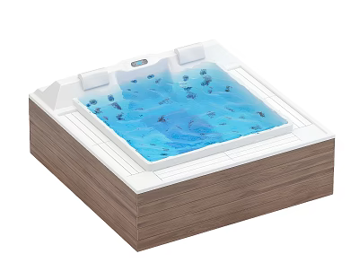 Luxury Square Bathtub With Wooden Frame Blue Water And Massaging Bubbles 3d model