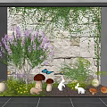 Courtyard Garden With Stone Wall Covered In Ivy Purple Flowers And Decorative Ornaments