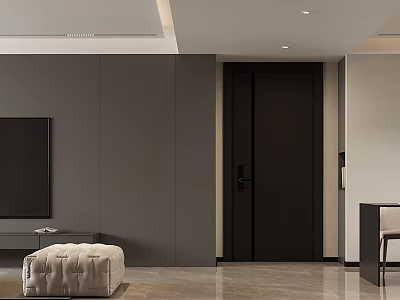 Modern Living Dining Room Interior With Gray Walls Black Door TV And Beige Ottoman 3d model