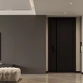 Modern Living Dining Room Interior With Gray Walls Black Door TV And Beige Ottoman